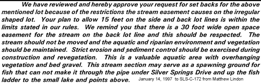 Creekside Easement - January 14, 1997 setback approval Lot 172