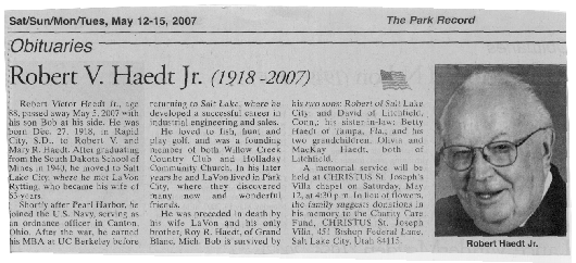 2007- May 5 Robert V. Haedt Jr. (1918-2007) Obituary