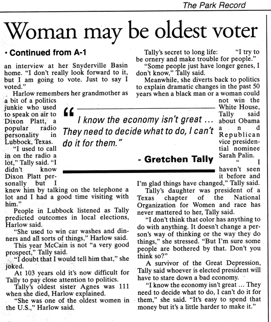 ‘Of course’ she is going to vote - page 2 -Gretchen Tally 103 yrs old