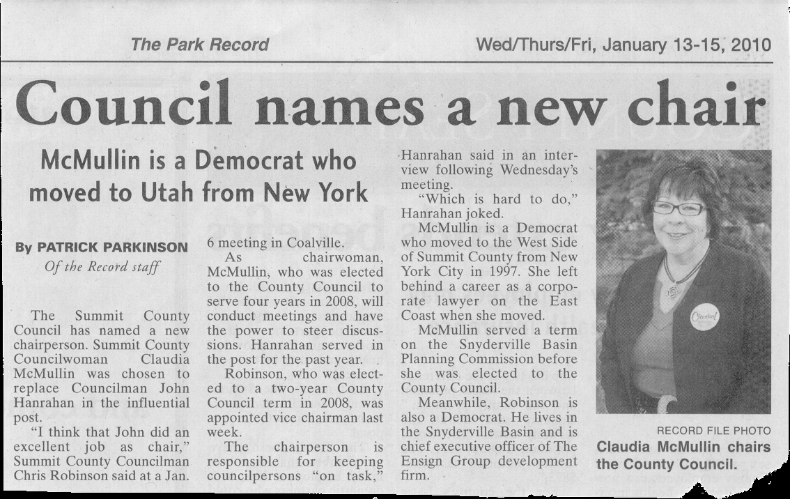 2010 - January 6 - McMullin named new Summit County Council Chair