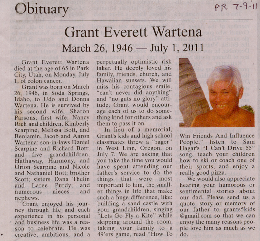 2011 July 1 Grant Wartena Obituary