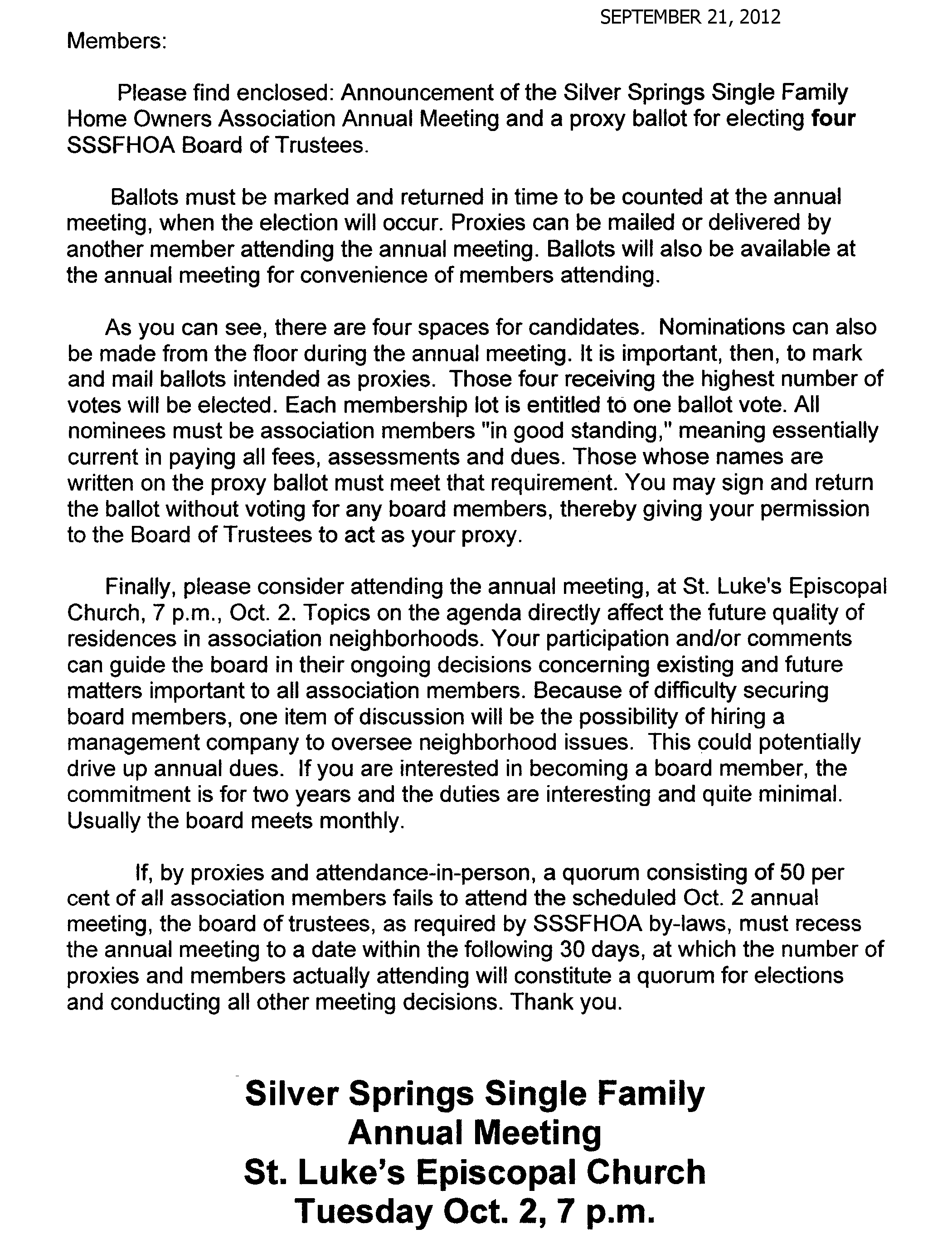 2012 Sept 21 Board Letter to Owners