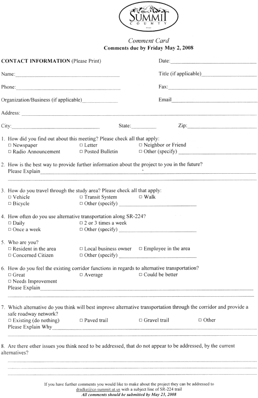 Comment Form to Summit County Engineering Division