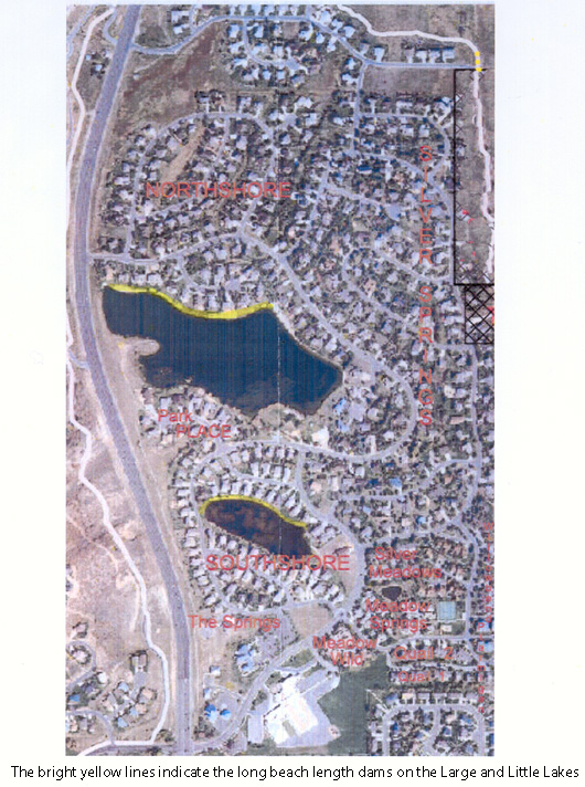 Map indicating the beach length dams on both lakes.