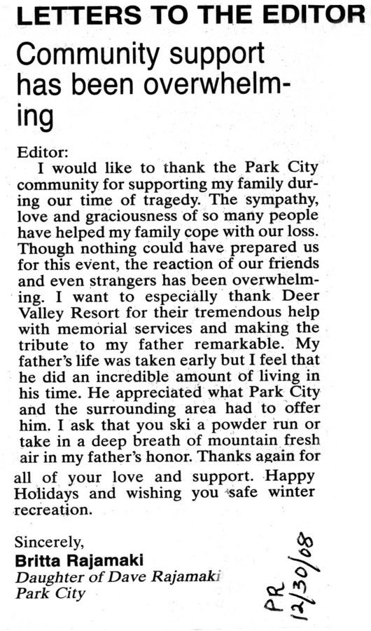 Dave Rajamaki - Britta Letter 12/30/2008