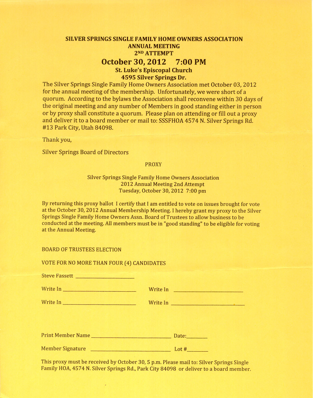 2012 Oct 30 SSSFHOA 2nd attempt for Annual Mtg. Quorum